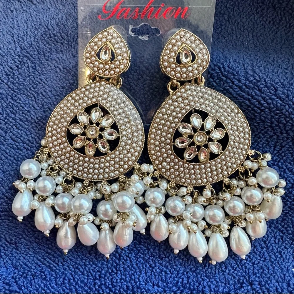 Gold-Tone Kundan Chandbali Earrings | Traditional Indian Pearl Drop Jewelry